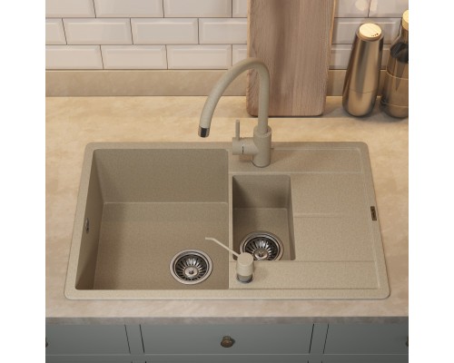 Кухонная мойка кварцевая Uperwood Quartz UPD-05-02, прямоугольная двухсекционная, бежевая