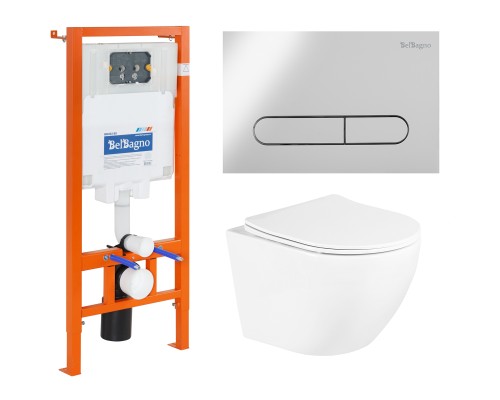 Комплект унитаза с инсталляцией BelBagno Uno BB3105CHR/SC/BB002-80/BB005-PR-CHROME с сиденьем Микролифт и клавишей смыва Хром глянцевый
