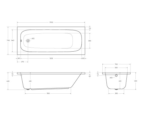 Акриловая ванна Cezares Eco 170х70 ECO-170-70-41-W37 без гидромассажа
