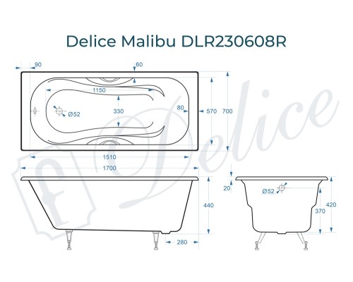 Ванна чугунная Delice Malibu 170х70 с отверстиями под ручки