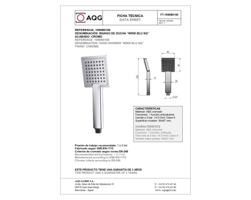 Ручной душ AQG WIND BLU SQ, хром