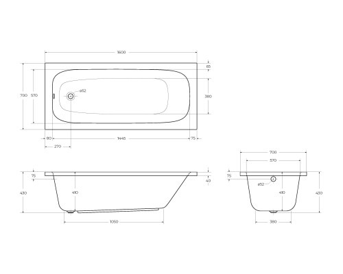 Акриловая ванна Cezares Eco 160х70 ECO-160-70-41-W37 без гидромассажа