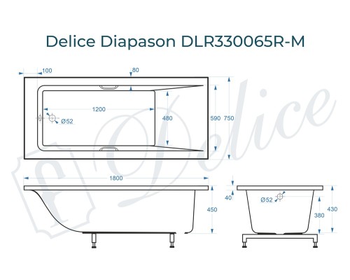 Ванна из литьевого мрамора Delice Diapason 180х75 матовая с ручками Хром