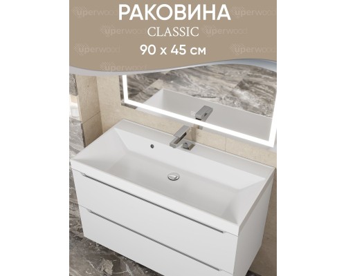 Раковина для ванной 90 см, Uperwood Classic, белая глянцевая
