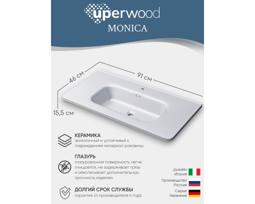 Раковина для ванной 90 см, Uperwood Monica, белая глянцевая