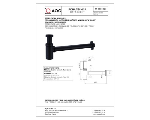 Круглый сифон AQG FOSC 1”1/4, черный матовый