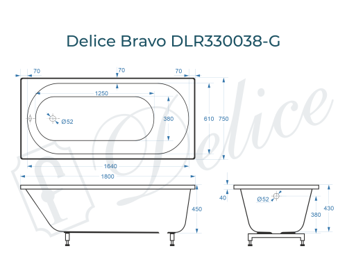 Ванна из литьевого мрамора Delice Bravo 180х75 глянцевая