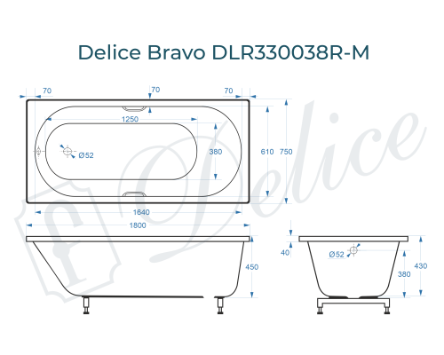 Ванна из литьевого мрамора Delice Bravo 180х75 матовая с ручками Хром