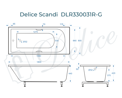 Ванна из литьевого мрамора Delice Scandi 180х80 глянцевая с ручками Хром