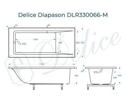 Ванна из литьевого мрамора Delice Diapason 175х75 матовая