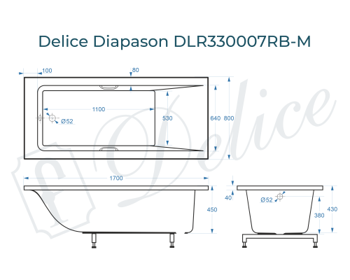 Ванна из литьевого мрамора Delice Diapason 170х80 матовая с черными ручками