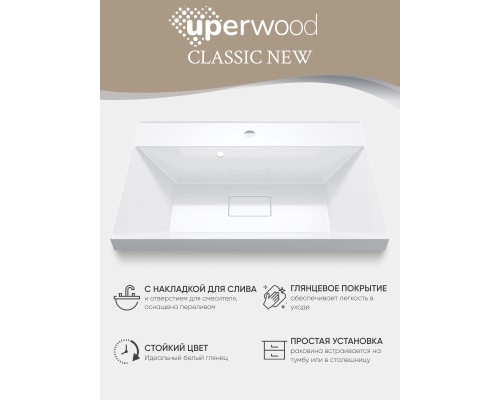 Раковина для ванной 70 см, Uperwood Classic New, белая глянцевая, с накладкой для слива