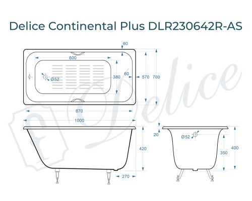 Ванна чугунная Delice Continental PLUS 100х70 с отверстиями под ручки и антискользящим покрытием
