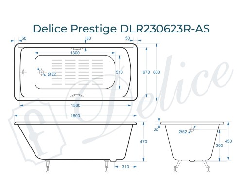 Ванна чугунная Delice Prestige 180х80 с отверстиями под ручки и антискользящим покрытием