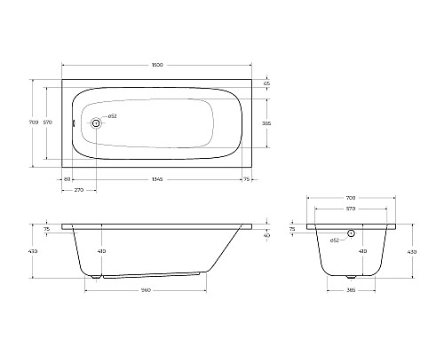 Акриловая ванна Cezares Eco 150х70 ECO-150-70-41-W37 без гидромассажа