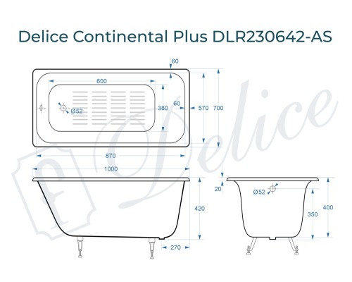 Ванна чугунная Delice Continental PLUS 100х70 с антискользящим покрытием