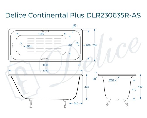 Ванна чугунная Delice Continental PLUS 170х75 с отверстиями под ручки и антискользящим покрытием