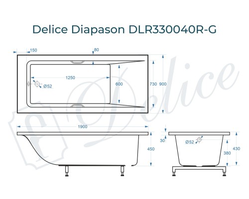 Ванна из литьевого мрамора Delice Diapason 190х90 глянцевая с ручками Хром