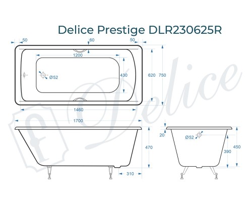 Ванна чугунная Delice Prestige 170х75 с отверстиями под ручки