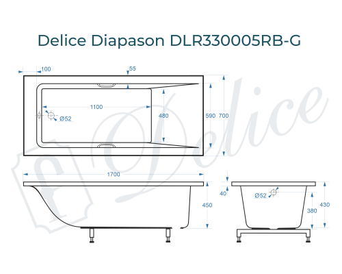 Ванна из литьевого мрамора Delice Diapason 170х70 глянцевая с черными ручками