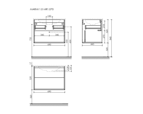 Тумба под раковину подвесная Sancos Marmi 1.0 69х44, с доводчиками, дуб галифакс, MR1.070EG