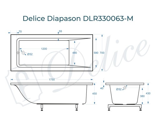Ванна из литьевого мрамора Delice Diapason 175х70 матовая