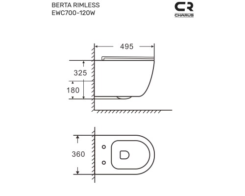 Подвесной безободковый унитаз Charus Berta EWC700-120W сиденьем микролифт