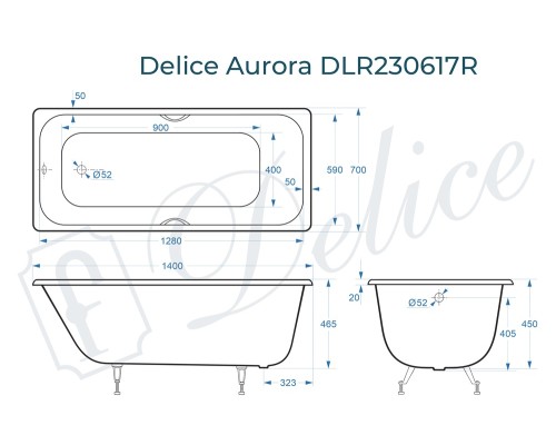 Ванна чугунная Delice Aurora 140х70 с отверстиями под ручки