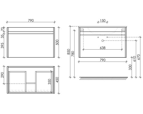 Тумба под раковину SANCOS Smart 790х450х500, c двумя ящиками, белый глянец