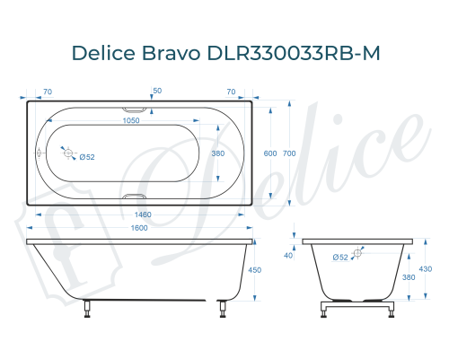 Ванна из литьевого мрамора Delice Bravo 160х70 матовая с черными ручками