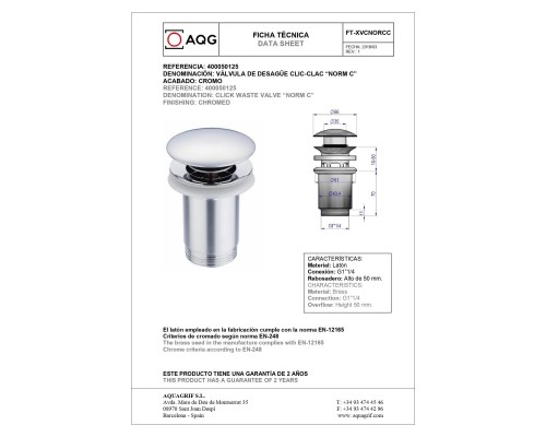 Универсальный донный клапан AQG click-clack c переливом, хром