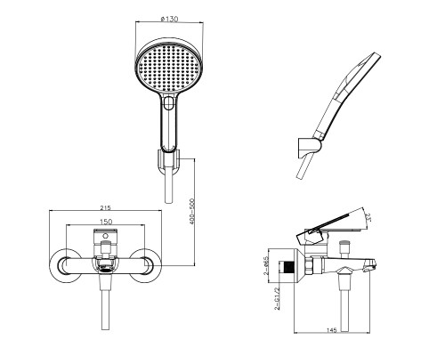Настенный смеситель для ванны и душа Arrow AG3605 с выдвижной планкой хром
