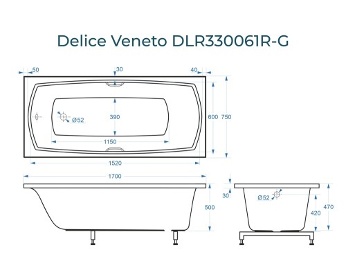 Ванна из литьевого мрамора Delice Veneto 170х75 глянцевая с ручками Хром