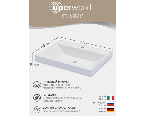 Раковина для ванной 60 см, Uperwood Classic, белая глянцевая