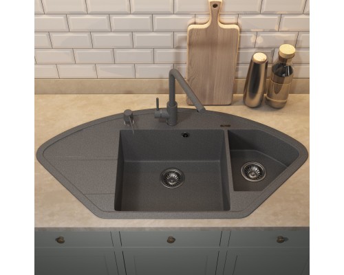 Кухонная мойка кварцевая Uperwood Quartz UPD-06-03, угловая двухсекционная, серая