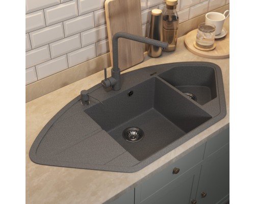 Кухонная мойка кварцевая Uperwood Quartz UPD-06-03, угловая двухсекционная, серая