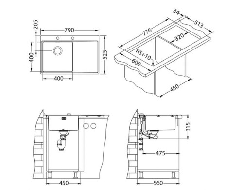 Кухонная мойка Alveus PURE 20 SAT-90 790x525 1103610 левая-правая