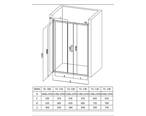 Душевая дверь напольная Taliente 100x195см, прозр.стекло 6мм, хром