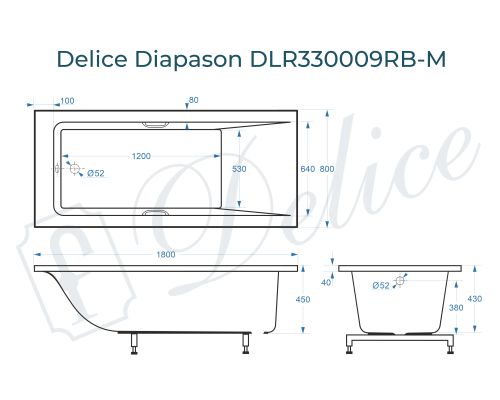 Ванна из литьевого мрамора Delice Diapason 180х80 матовая с черными ручками