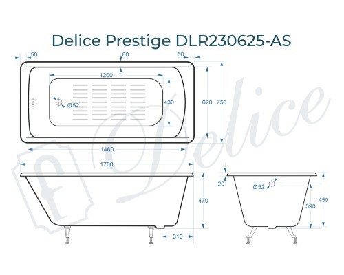 Ванна чугунная Delice Prestige 170х75 с антискользящим покрытием