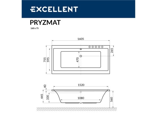 Ванна гидромассажная EXCELLENT Pryzmat 160x75 NANO золото
