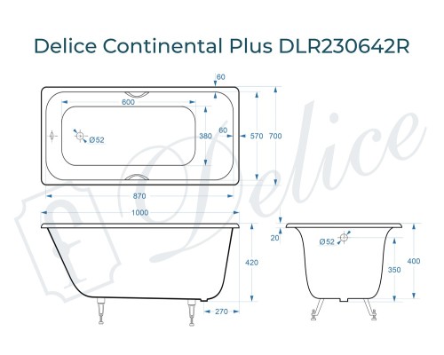 Ванна чугунная Delice Continental PLUS 100х70 с отверстиями под ручки