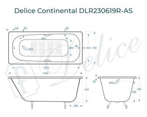 Ванна чугунная Delice Continental 140х70 с отверстиями под ручки и антискользящим покрытием