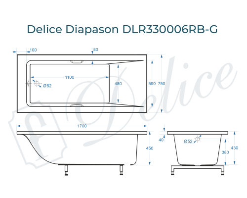 Ванна из литьевого мрамора Delice Diapason 170х75 глянцевая с черными ручками