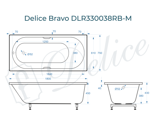 Ванна из литьевого мрамора Delice Bravo 180х75 матовая с черными ручками