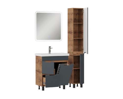 Тумба под раковину Onika Айленд 70 напольная, графит/дуб крафт золотой, с корзиной