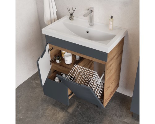 Тумба под раковину Onika Айленд 70 напольная, графит/дуб крафт золотой, с корзиной