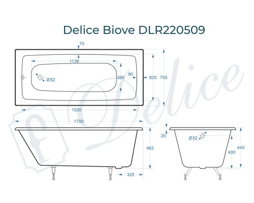 Ванна чугунная Delice Biove 170х750, без ручек