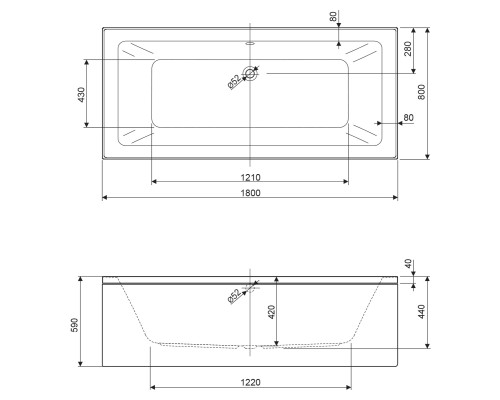 Акриловая ванна Cezares Plane Mini 180x80 PLANE MINI-180-80-42-W37 без гидромассажа