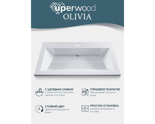 Раковина для ванной 80 см, Uperwood Olivia, с щелевым сливом, белая глянцевая